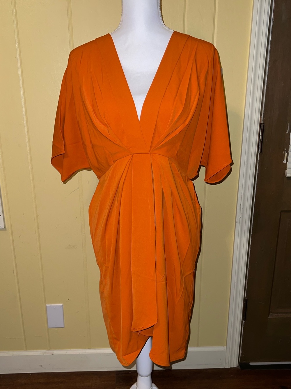 SHEIN Orange V-Neck Draped Pleated Short Sleeve Boho Dress Size XL